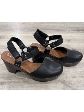 boc Black Leather Platform Clogs with Ankle Strap